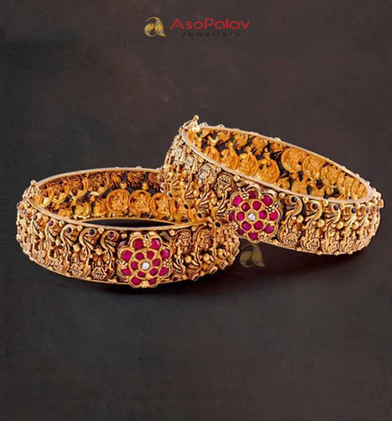 22K Antique Gold Bangles with Polki Stone Detailing